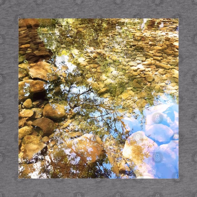 Reflection, lake, trees, pebbles, sparkle, shine, summer, river, aqua, water, spring, holiday, xmas, nature, adventure, rocks, sun, exotic, tropical, blue, turquoise, tan, tree by PrintedDreams